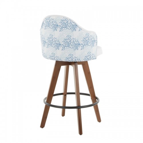 Mid-Century Counter Stool in Walnut and White Fabric with Blue Coral Design Ahoy