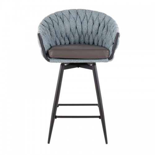 Set of 2 Contemporary Counter Stools in Black Steel with Blue Fabric and Grey Faux Leather Braided Matisse