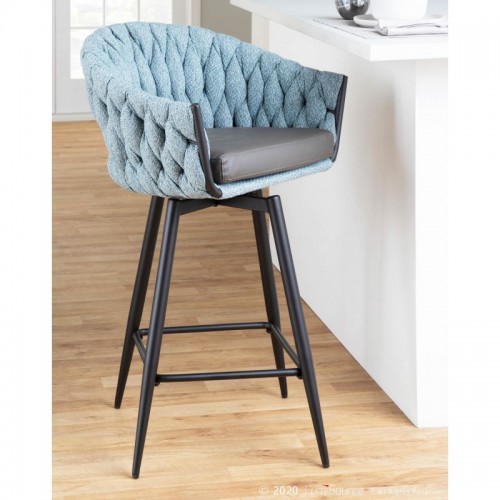Set of 2 Contemporary Counter Stools in Black Steel with Blue Fabric and Grey Faux Leather Braided Matisse