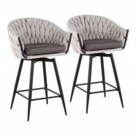Set of 2 Contemporary Counter Stools in Black Steel with Cream Fabric and Grey Faux Leather Braided Matisse