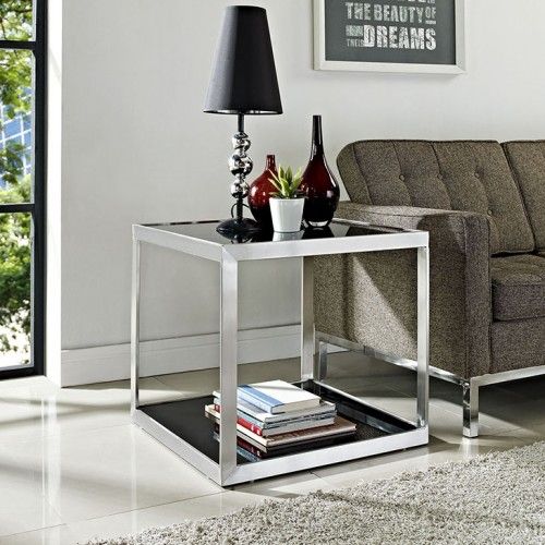 Modern Square Black Glass Side Table Box