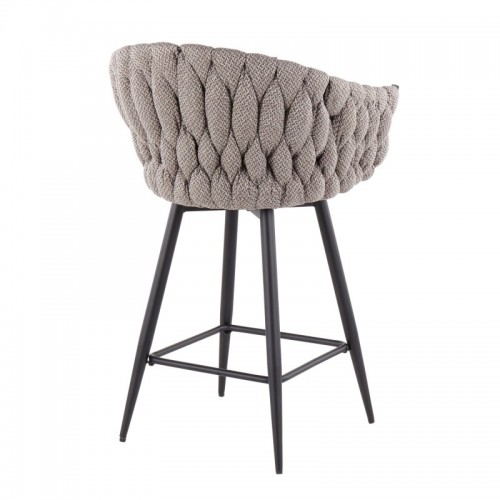 Set of 2 Contemporary Counter Stools in Black Steel with Grey Fabric and Cream Faux Leather Braided Matisse