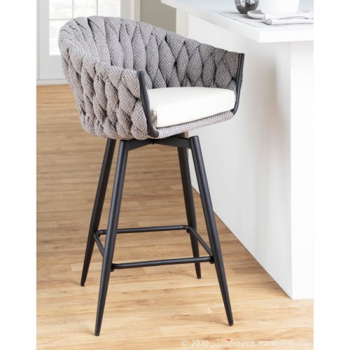 Set of 2 Contemporary Counter Stools in Black Steel with Grey Fabric and Cream Faux Leather Braided Matisse