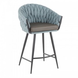Contemporary Counter Stool in Black Metal with Grey Faux Leather and Blue Fabric Braided Matisse