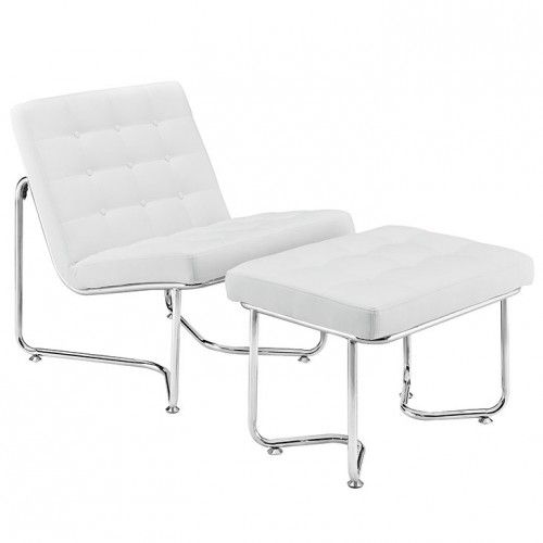 Modern White Leather Lounge Chair with Ottoman Gibson