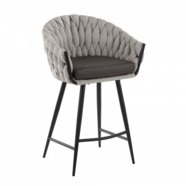 Contemporary Counter Stool in Black Metal with Grey Faux Leather and Cream Fabric Braided Matisse