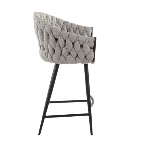 Contemporary Counter Stool in Black Metal with Grey Faux Leather and Cream Fabric Braided Matisse