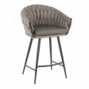 Contemporary Counter Stool in Black Metal with Grey Faux Leather and Grey Fabric Braided Matisse