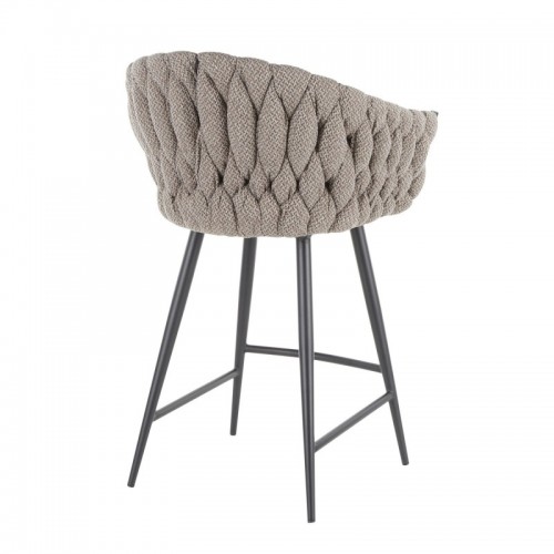 Contemporary Counter Stool in Black Metal with Grey Faux Leather and Grey Fabric Braided Matisse