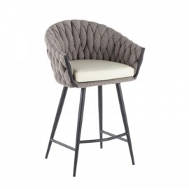 Contemporary Counter Stool in Black Metal with Cream Faux Leather and Grey Fabric Braided Matisse