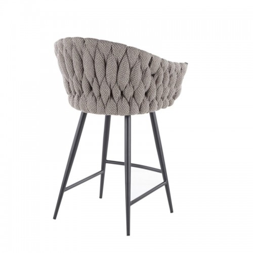 Contemporary Counter Stool in Black Metal with Cream Faux Leather and Grey Fabric Braided Matisse