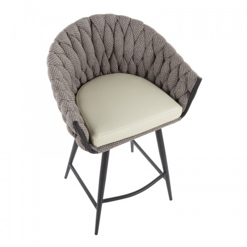 Contemporary Counter Stool in Black Metal with Cream Faux Leather and Grey Fabric Braided Matisse