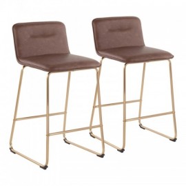 Set of 2 Contemporary Counter Stools in Gold Metal and Espresso Faux Leather Casper