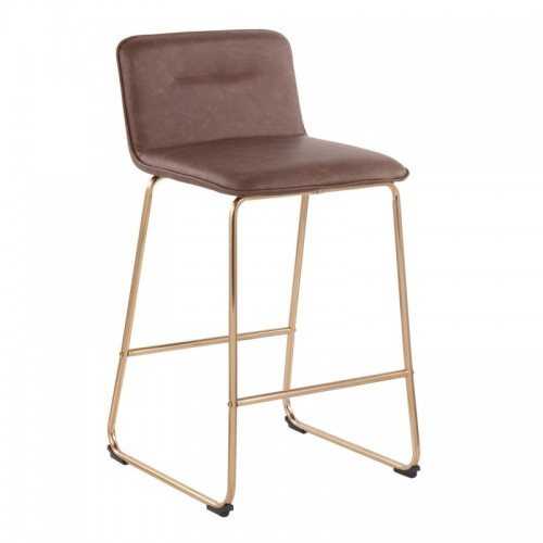 Set of 2 Contemporary Counter Stools in Gold Metal and Espresso Faux Leather Casper