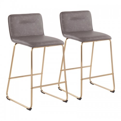 Set of 2 Contemporary Counter Stools in Gold Metal and Grey Faux Leather Casper