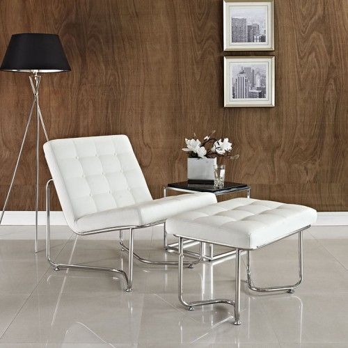 Modern White Leather Lounge Chair with Ottoman Gibson