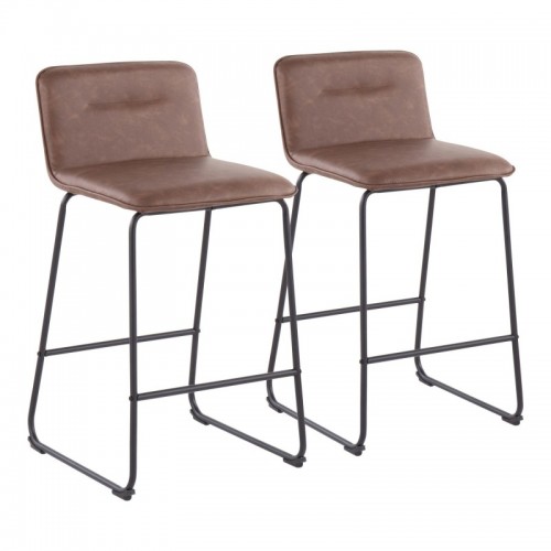 Set of 2 Contemporary Counter Stools in Black Metal and Espresso Faux Leather Casper