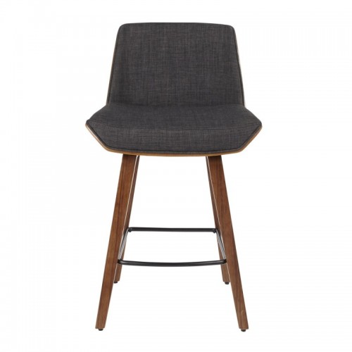 Mid-Century Modern Counter Stool in Walnut Wood and Charcoal Fabric Corazza