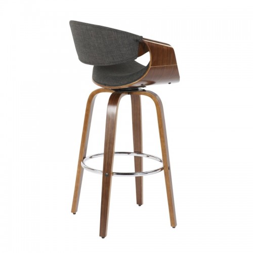 Set of 2 Mid-Century Modern Bar stools in Walnut Wood and Charcoal Fabric Curvini