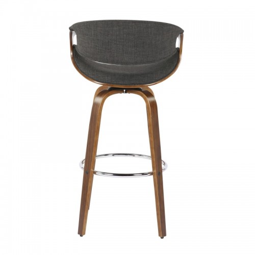Set of 2 Mid-Century Modern Bar stools in Walnut Wood and Charcoal Fabric Curvini