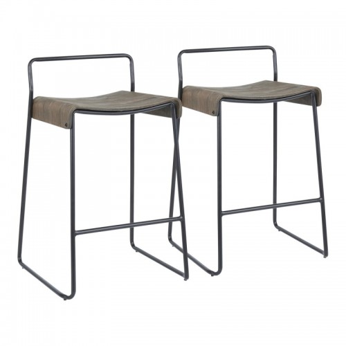 Set of 2 Industrial Counter Stools in Black Metal with Espresso Wood Dali