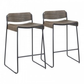 Set of 2 Industrial Low Back Counter Stools in Black Metal with Espresso Wood Dali