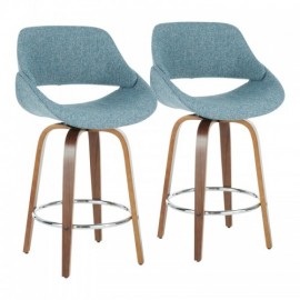 Set of 2 Mid-Century Modern Counter Stools in Walnut with Chrome and Blue Noise Fabric Fabrico