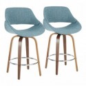 Set of 2 Mid-Century Modern Counter Stools in Walnut with Chrome and Blue Noise Fabric Fabrico