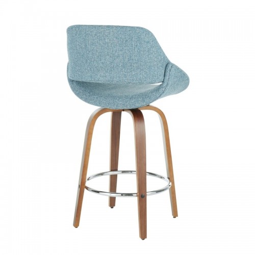 Set of 2 Mid-Century Modern Counter Stools in Walnut with Chrome and Blue Noise Fabric Fabrico