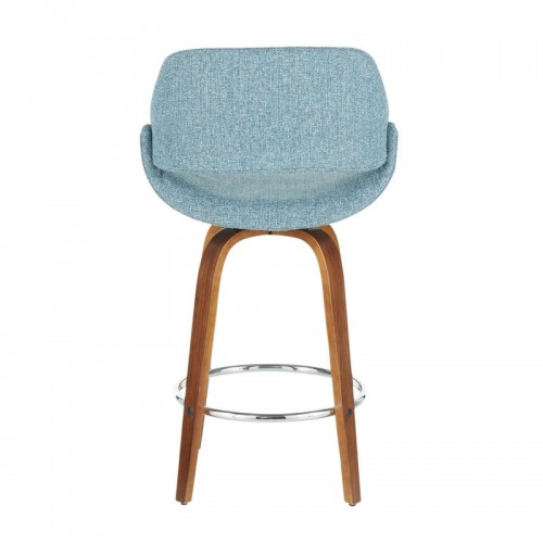 Set of 2 Mid-Century Modern Counter Stools in Walnut with Chrome and Blue Noise Fabric Fabrico