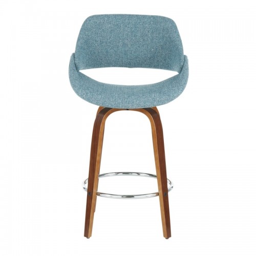 Set of 2 Mid-Century Modern Counter Stools in Walnut with Chrome and Blue Noise Fabric Fabrico