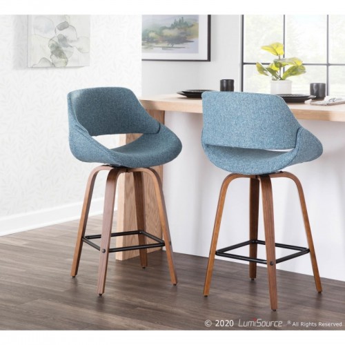 Set of 2 Mid-Century Modern Counter Stools in Walnut with Chrome and Blue Noise Fabric Fabrico