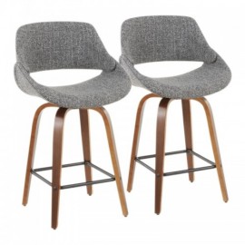 Set of 2 Mid-Century Modern Counter Stools in Walnut and Grey Noise Fabric Fabrico