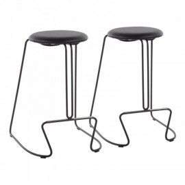 Set of 2 Contemporary Counter Stools in Black Steel and Black Faux Leather Finn