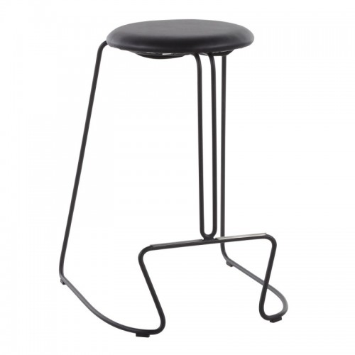 Set of 2 Contemporary Counter Stools in Black Steel and Black Faux Leather Finn