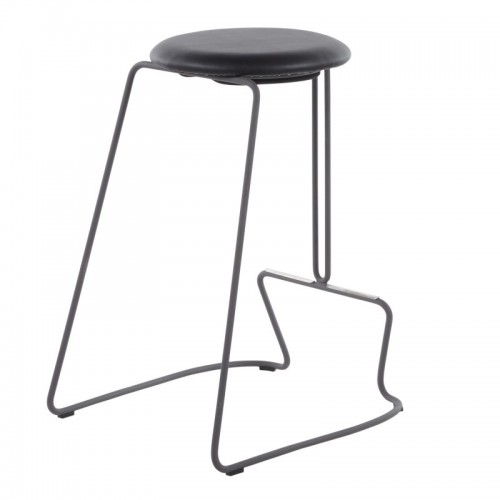 Set of 2 Contemporary Counter Stools in Black Steel and Black Faux Leather Finn