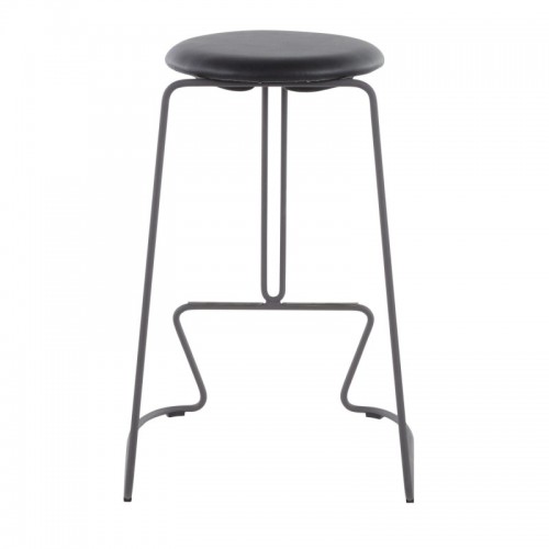 Set of 2 Contemporary Counter Stools in Black Steel and Black Faux Leather Finn