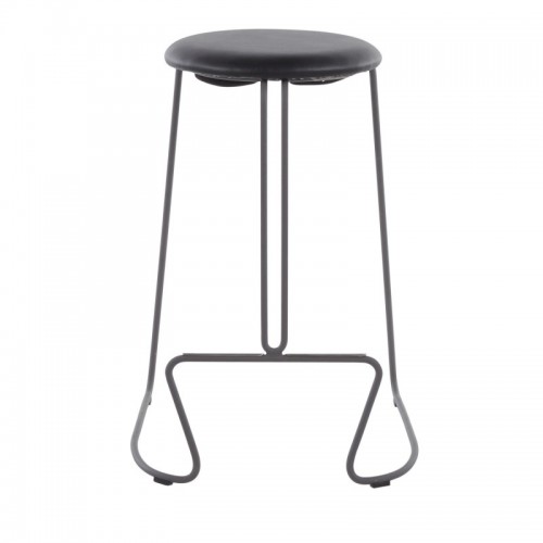 Set of 2 Contemporary Counter Stools in Black Steel and Black Faux Leather Finn