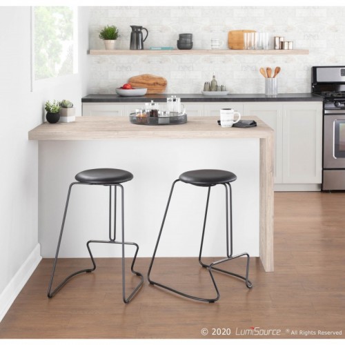 Set of 2 Contemporary Counter Stools in Black Steel and Black Faux Leather Finn