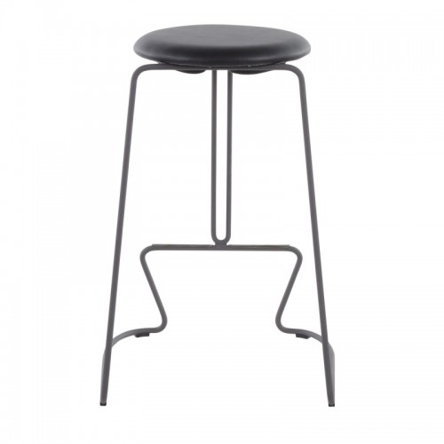 Set of 2 Contemporary Counter Stools in Grey Steel and Black Faux Leather Finn