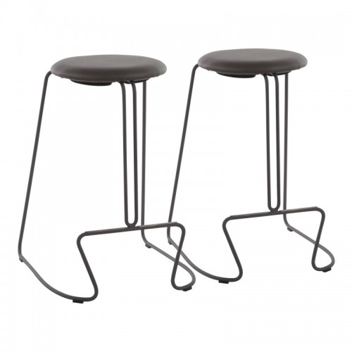 Set of 2 Contemporary Counter Stools in Grey Steel and Grey Faux Leather Finn