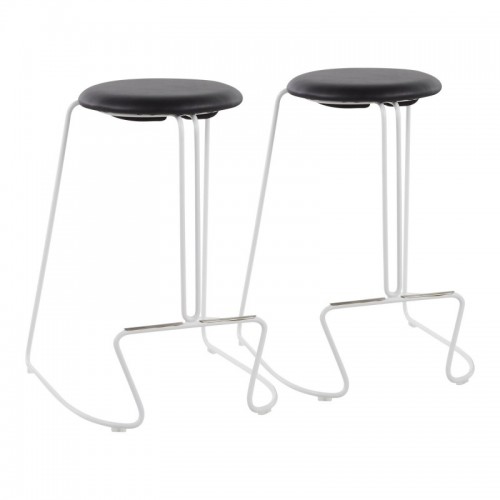 Set of 2 Contemporary Counter Stools in White Steel and Black Faux Leather Finn