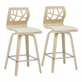 Set of 2 Mid-Century Modern Counter Stools in Natural Wood, Cream Faux Leather, and Chrome Footrest Folia