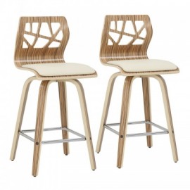 Set of 2 Mid-Century Modern Counter Stools in Zebra Wood, Cream Faux Leather, and Chrome Footrest Folia