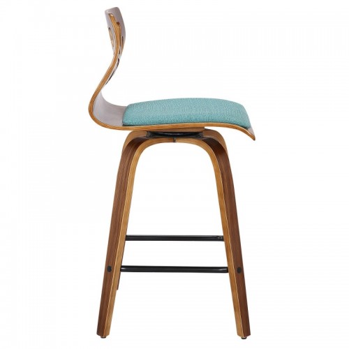 Set of 2 Mid-Century Modern Counter Stools in Walnut Wood and Teal Fabric Folia