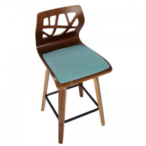 Set of 2 Mid-Century Modern Counter Stools in Walnut Wood and Teal Fabric Folia