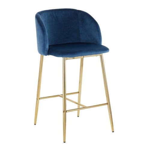 Set of 2 Contemporary Counter Stools in Gold Steel and Blue Velvet Fran