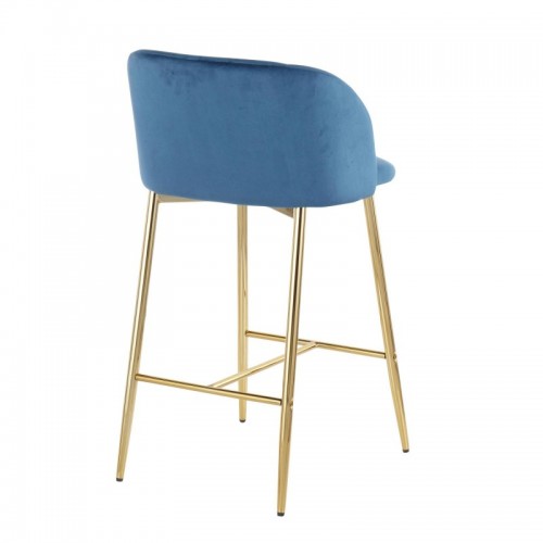 Set of 2 Contemporary Counter Stools in Gold Steel and Blue Velvet Fran