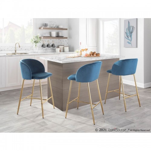 Set of 2 Contemporary Counter Stools in Gold Steel and Blue Velvet Fran