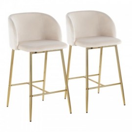 Set of 2 Contemporary Counter Stools in Gold Steel and Cream Velvet Fran